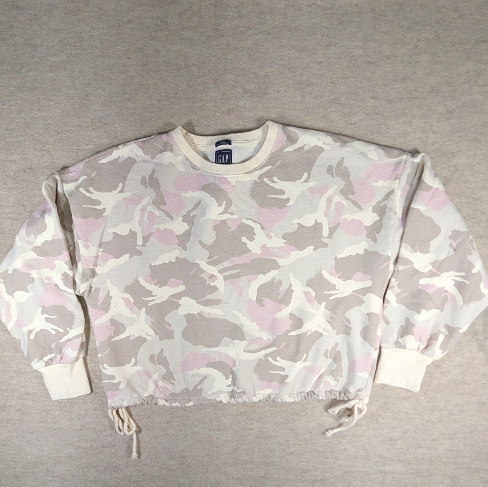 GAP Feminine Pink, Cream, & Taupe Camouflage Drawstring Boxy Sweatshirt XL Tall